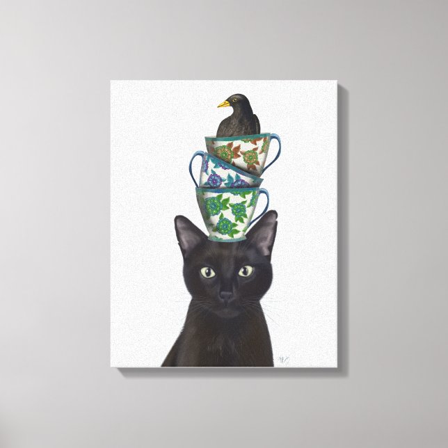 Black Cat with Teacups and Blackbird Canvas Print (Front)