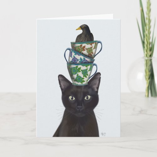 Black Cat with Teacups and Blackbird Card