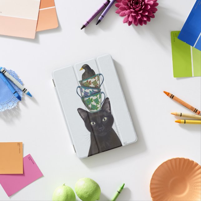 Black Cat with Teacups and Blackbird iPad Mini Cover (In Situ)