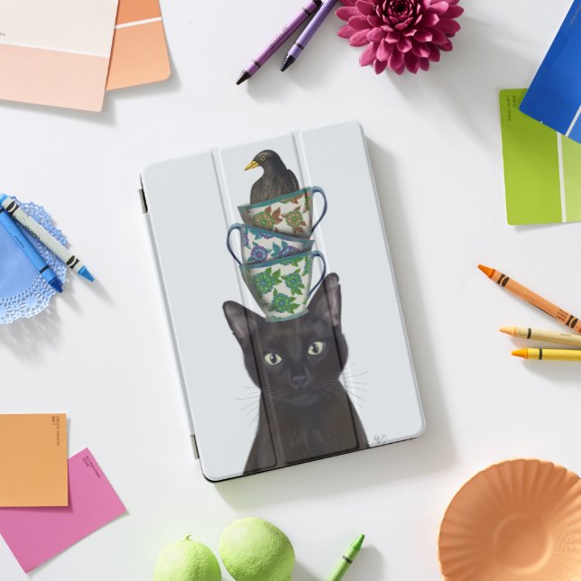 Black Cat with Teacups and Blackbird iPad Pro Cover (Desk)