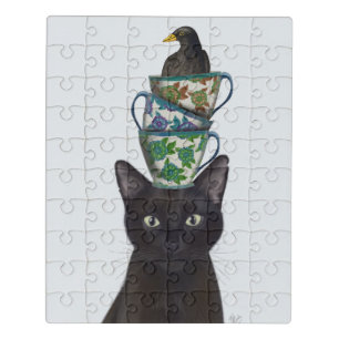 Black Cat with Teacups and Blackbird Jigsaw Puzzle