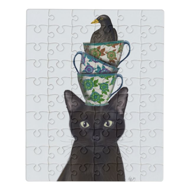 Black Cat with Teacups and Blackbird Jigsaw Puzzle (Puzzle Vertical)