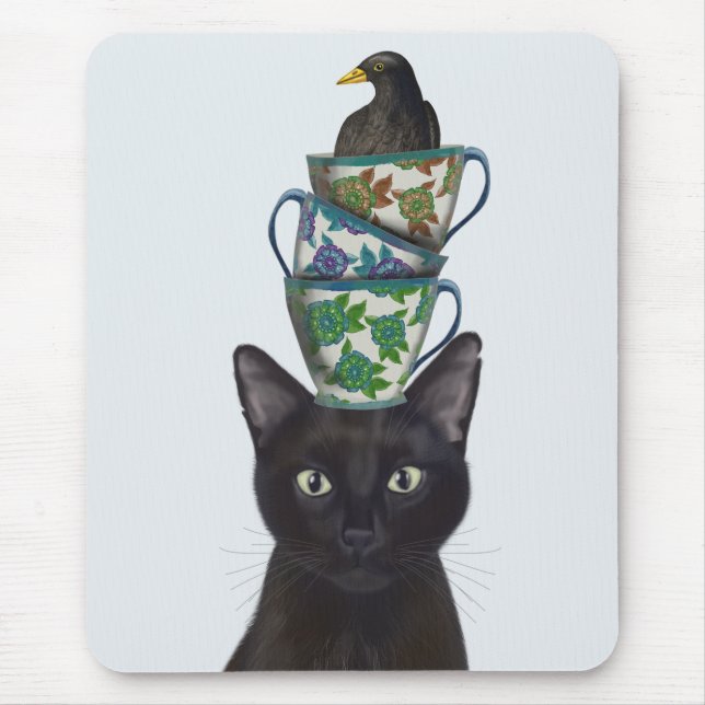 Black Cat with Teacups and Blackbird Mouse Pad (Front)