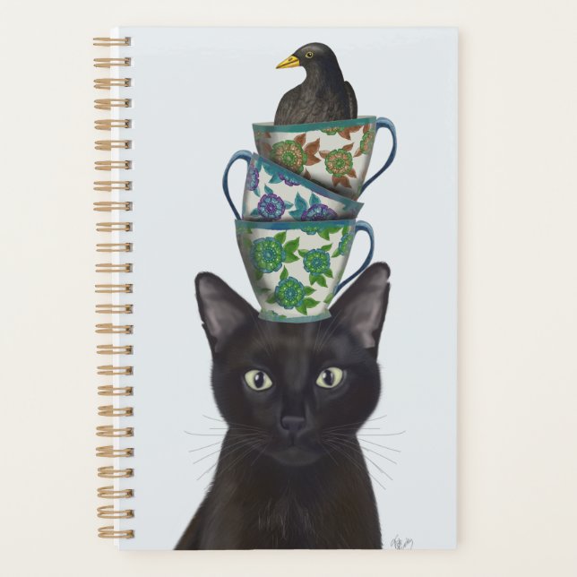 Black Cat with Teacups and Blackbird Planner (Front)