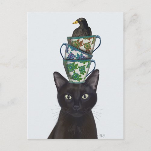 Black Cat with Teacups and Blackbird Postcard