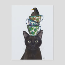 Black Cat with Teacups and Blackbird Postcard