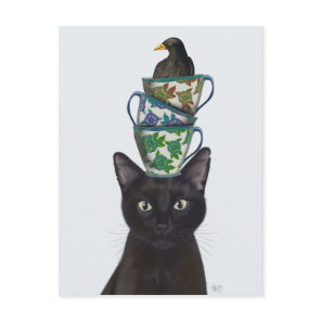 Black Cat with Teacups and Blackbird Postcard