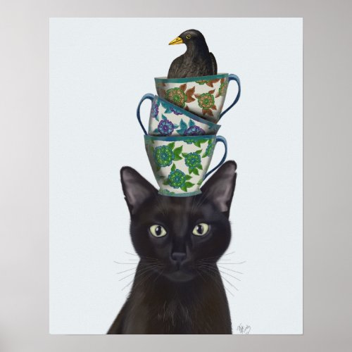 Black Cat with Teacups and Blackbird Poster