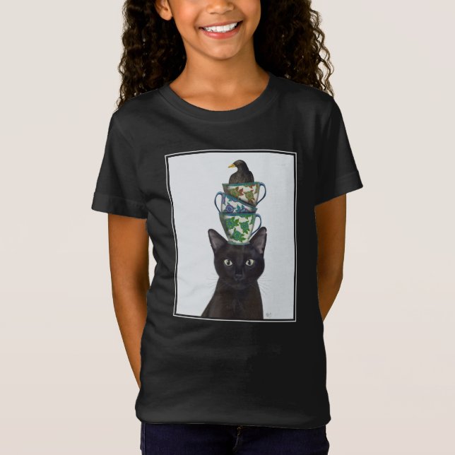 Black Cat with Teacups and Blackbird T-Shirt (Front)