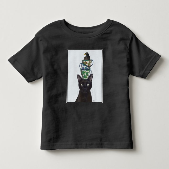 Black Cat with Teacups and Blackbird Toddler T-shirt (Front)
