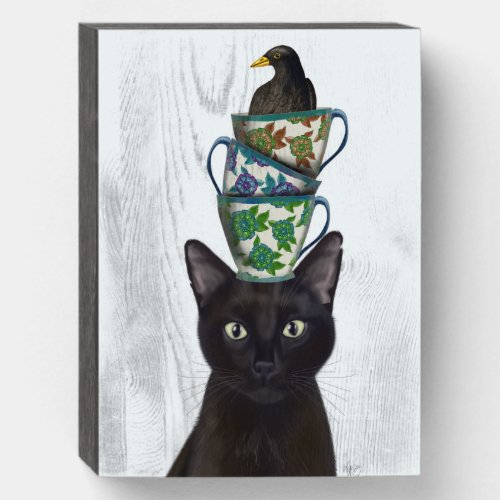 Black Cat with Teacups and Blackbird Wooden Box Sign