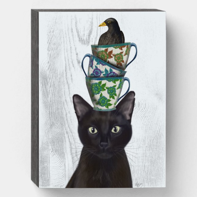 Black Cat with Teacups and Blackbird Wooden Box Sign (Front Vertical)