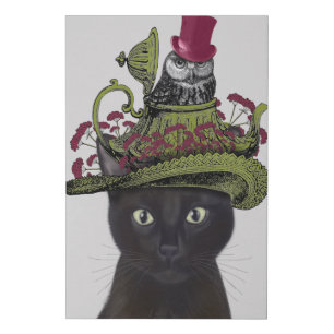 Black Cat with Teapot and Owl Faux Canvas Print