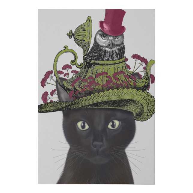 Black Cat with Teapot and Owl Faux Canvas Print (Front)