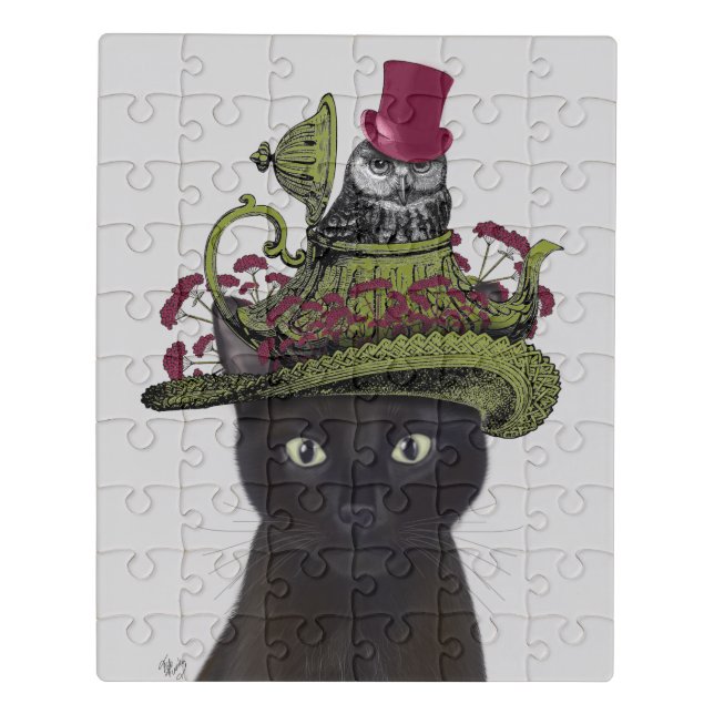 Black Cat with Teapot and Owl Jigsaw Puzzle (Puzzle Vertical)