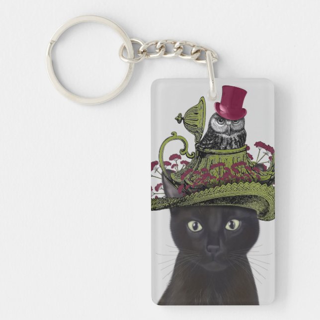 Black Cat with Teapot and Owl Keychain (Front)