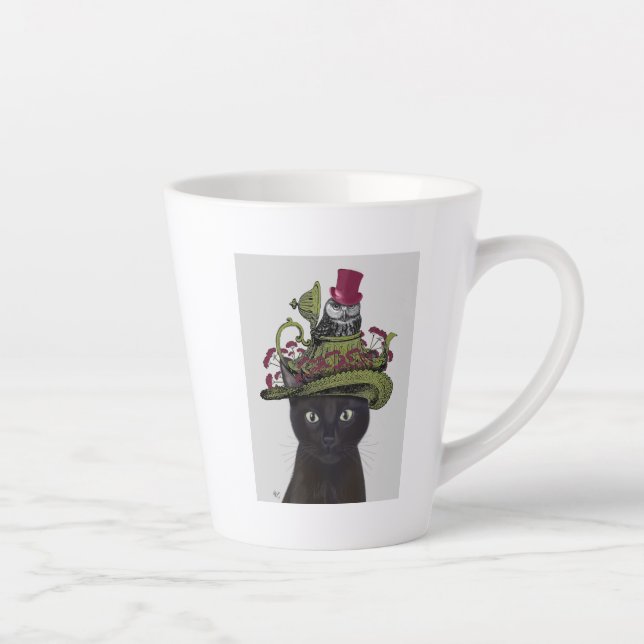 Black Cat with Teapot and Owl Latte Mug (Right)