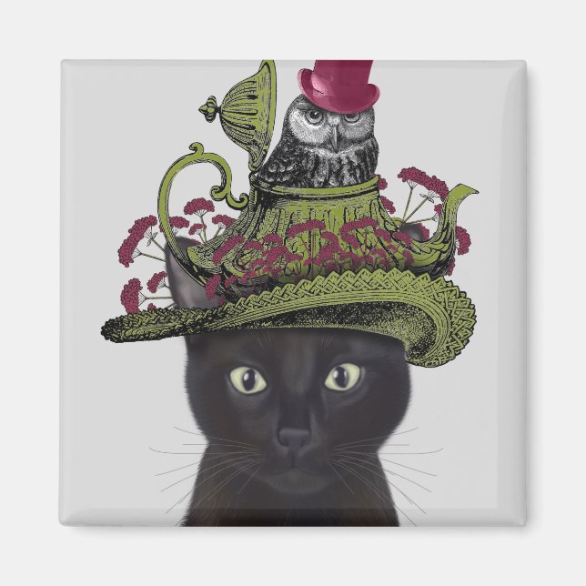 Black Cat with Teapot and Owl Magnet (Front)