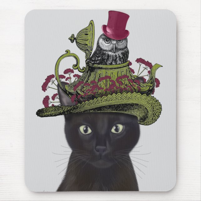 Black Cat with Teapot and Owl Mouse Pad (Front)