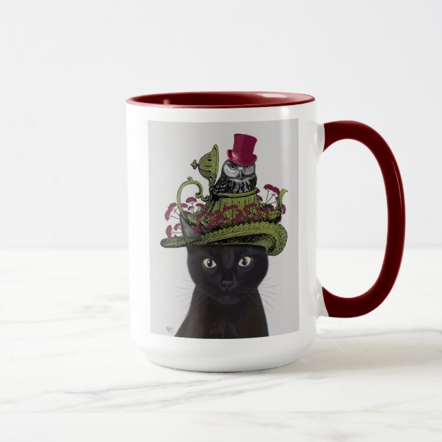 Black Cat with Teapot and Owl Mug (Right)