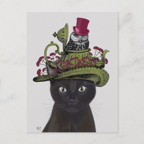 Black Cat with Teapot and Owl Postcard