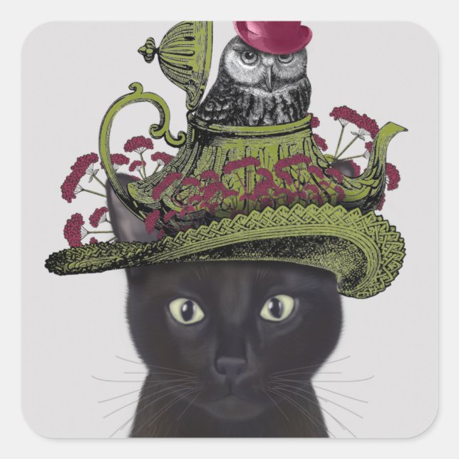 Black Cat with Teapot and Owl Square Sticker (Front)
