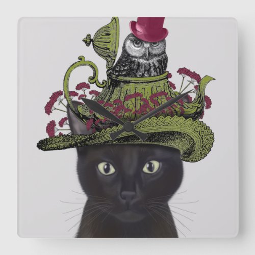Black Cat with Teapot and Owl Square Wall Clock