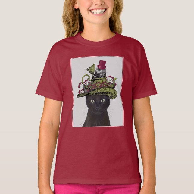 Black Cat with Teapot and Owl T-Shirt (Front)