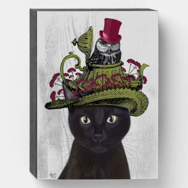 Black Cat with Teapot and Owl Wooden Box Sign (Front Vertical)