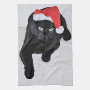 Black Cat with the Red Santa Hat Kitchen Towel