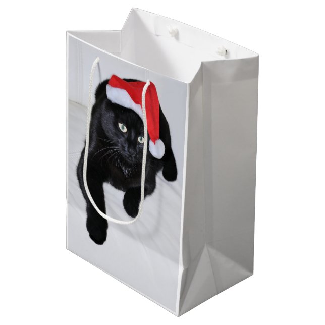 Black Cat with the Red Santa Hat Medium Gift Bag (Front Angled)