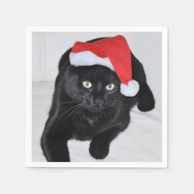 Black Cat with the Red Santa Hat Napkins (Front)