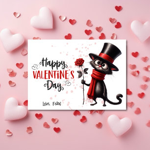 Black Cat With Top Hat Happy Valentines Day Holiday Card
