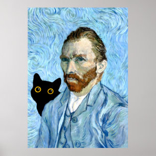 Black Cat with Van Gogh Portrait Poster