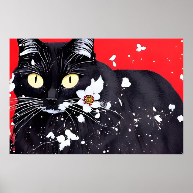 Black Cat With White Flowers Red Background Poster (Front)