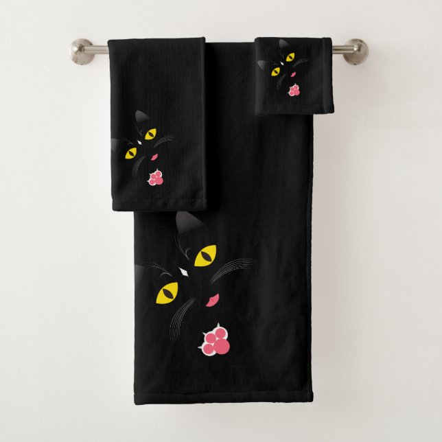 Black cat with white marks bath towel set (Insitu)