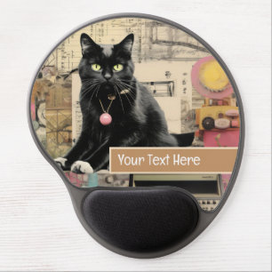 Black cat with white paws collage gel mouse pad