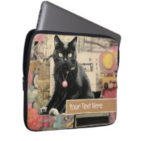 Black cat with white paws collage laptop sleeve