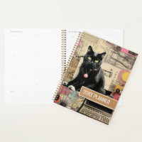 Black cat with white paws collage planner