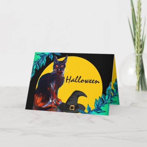 BLACK CAT WITH WITCH HAT HALLOWEEN PARTY CARD