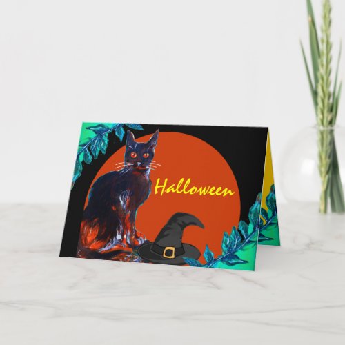 BLACK CAT WITH WITCH HAT HALLOWEEN PARTY CARD