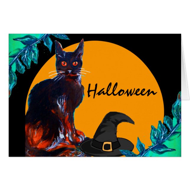 BLACK CAT WITH WITCH HAT, HALLOWEEN PARTY CARDS (Front Horizontal)