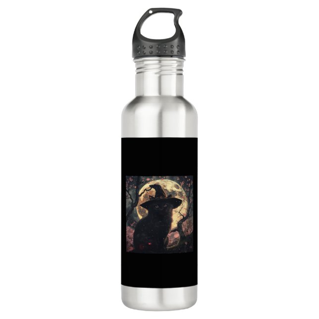 Black Cat with Witch Hat Halloween  Stainless Steel Water Bottle (Front)