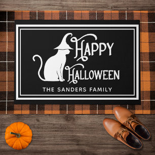 Black Cat with Witch Hat & "Happy Halloween" Doormat