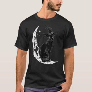 Black Cat With Witch Hat & Moon Halloween Costume T-Shirt