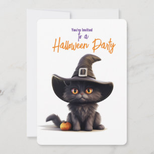 BLACK CAT with WITCHES HAT Halloween Party Invitation