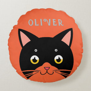 Black Cat with Yellow Eyes and Whiskers Round Pillow