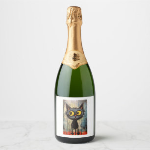 Black Cat With Yellow Eyes Sparkling Wine Label