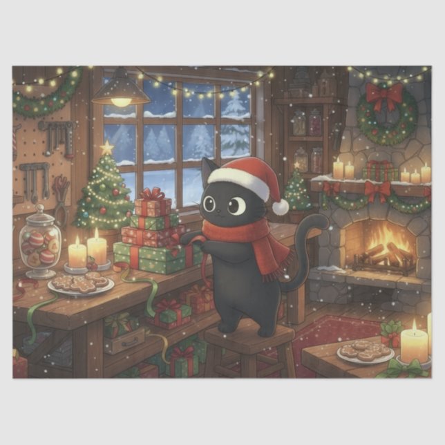 Black Cat Wrapping Christmas Gifts Decoupage Tissue Paper (Front)