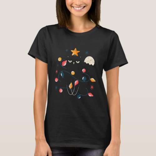 Black Cat Xmas Christmas Carol Christmas Lights T_Shirt